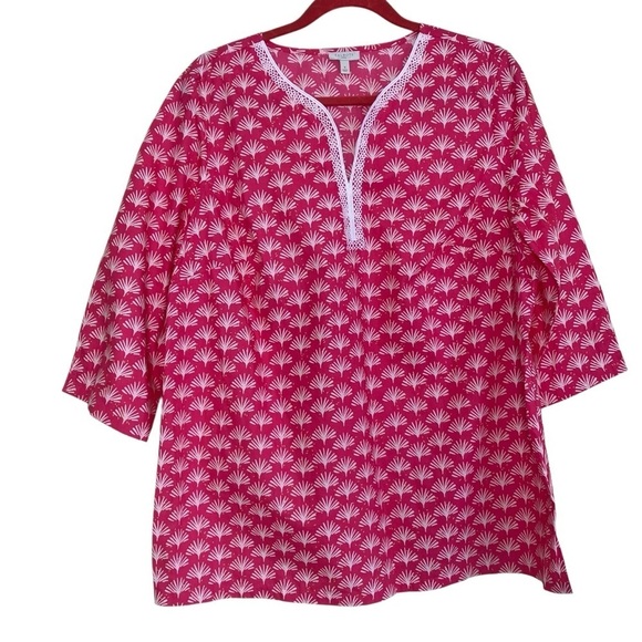 Talbots Pink White Fan Print Poplin Popover Blouse Lace Trim 3/4 Sleeves Sz X - Picture 1 of 16
